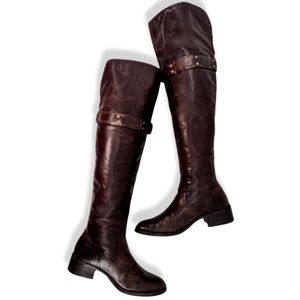 RUSTIC "Clancy" DISTRESSED REDDISH BROWN OVER KNEE BOOTS STRAPPED w BUCK…